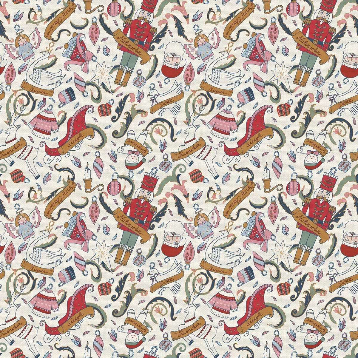 108" Wide Backing - Joy to the World Christmas Trinkets White