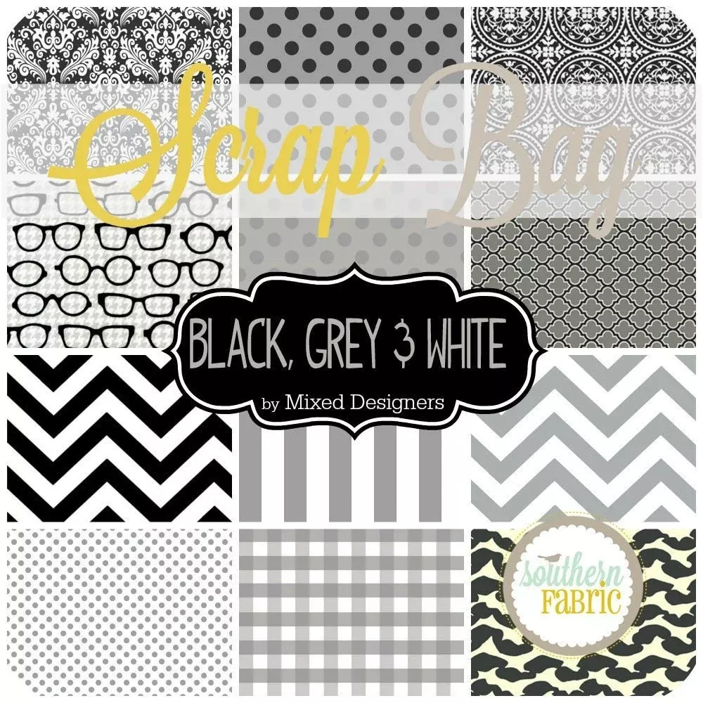 Black, White, and Grey Scrap Bag (approx 2 yards) by Mixed Designers for Southern Fabric
