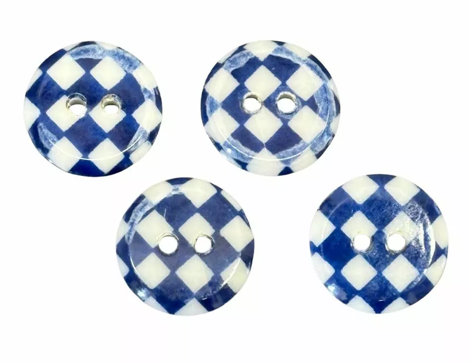 Blue & White Checkerboard Glass Button 15mm