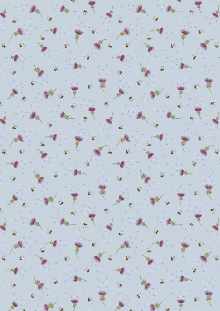 A Celtic Summer Bee Thistle on Blue A988B from Lewis & Irene Fabrics. Sold in 1/2 Yard Increments