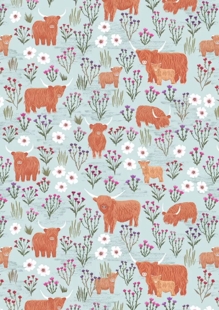 A Celtic Summer Summer Meadow Highland on Breezy Blue A987B from Lewis & Irene Fabrics. Sold in 1/2 Yard Increments