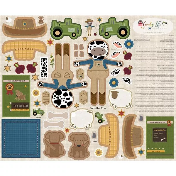 Country Life by Jennifer Long - Boris the Cow Cut and Sew Doll Panel