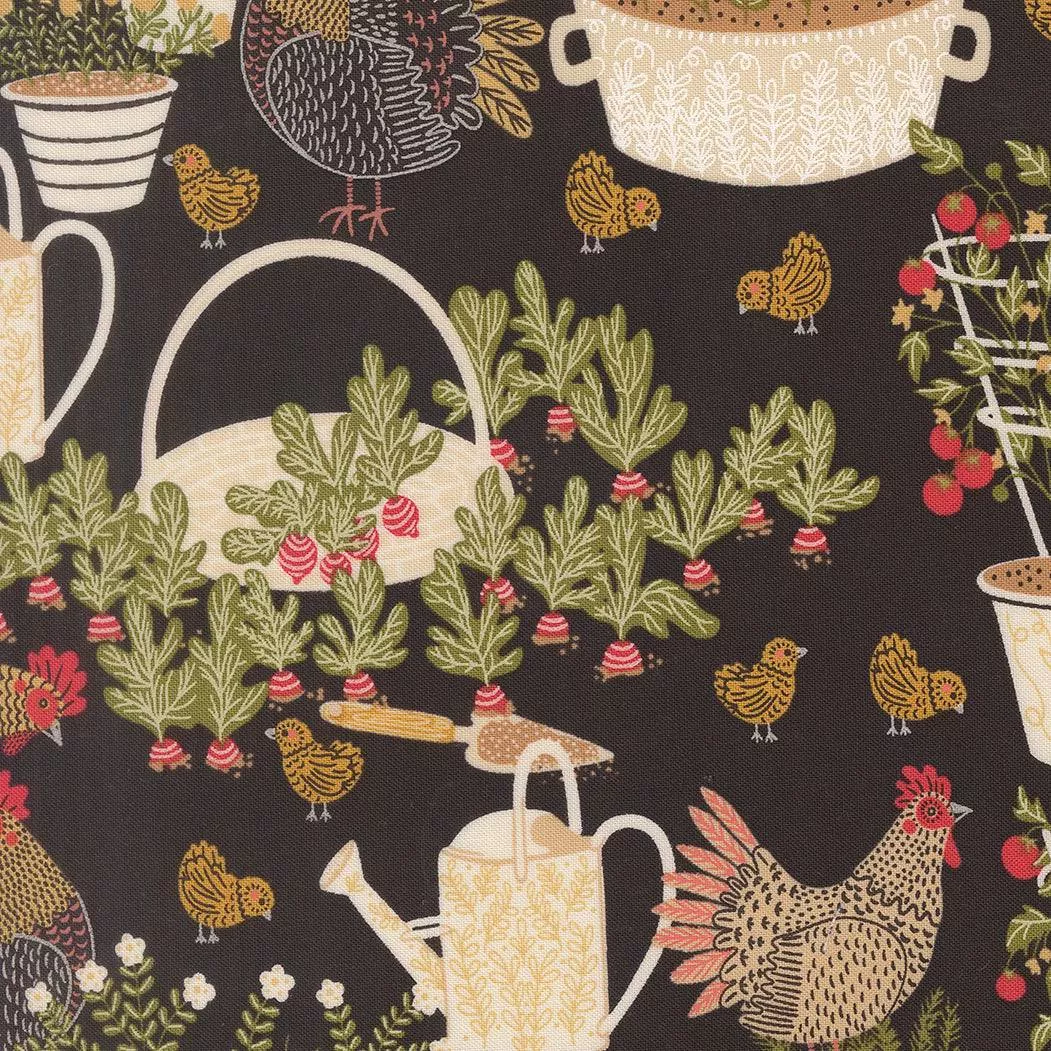The Henhouse Chicken Garden Iron 48430 20 by Gingiber for Moda Fabrics. Sold in 1/2 Yard Increments