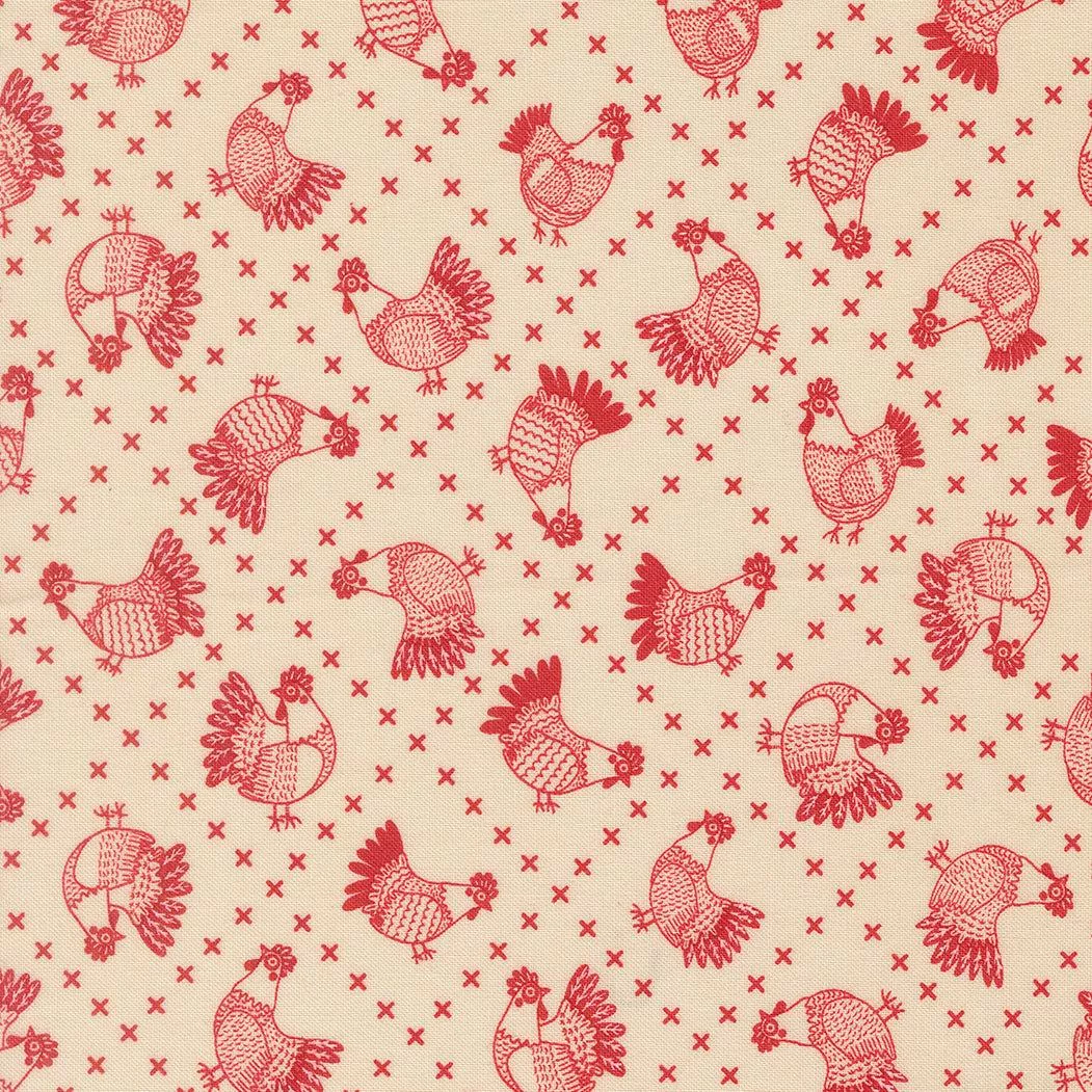 The Henhouse Crossed Stitch Chickens Cloud Barn 48434 11 by Gingiber for Moda Fabrics. Sold in 1/2 Yard Increments