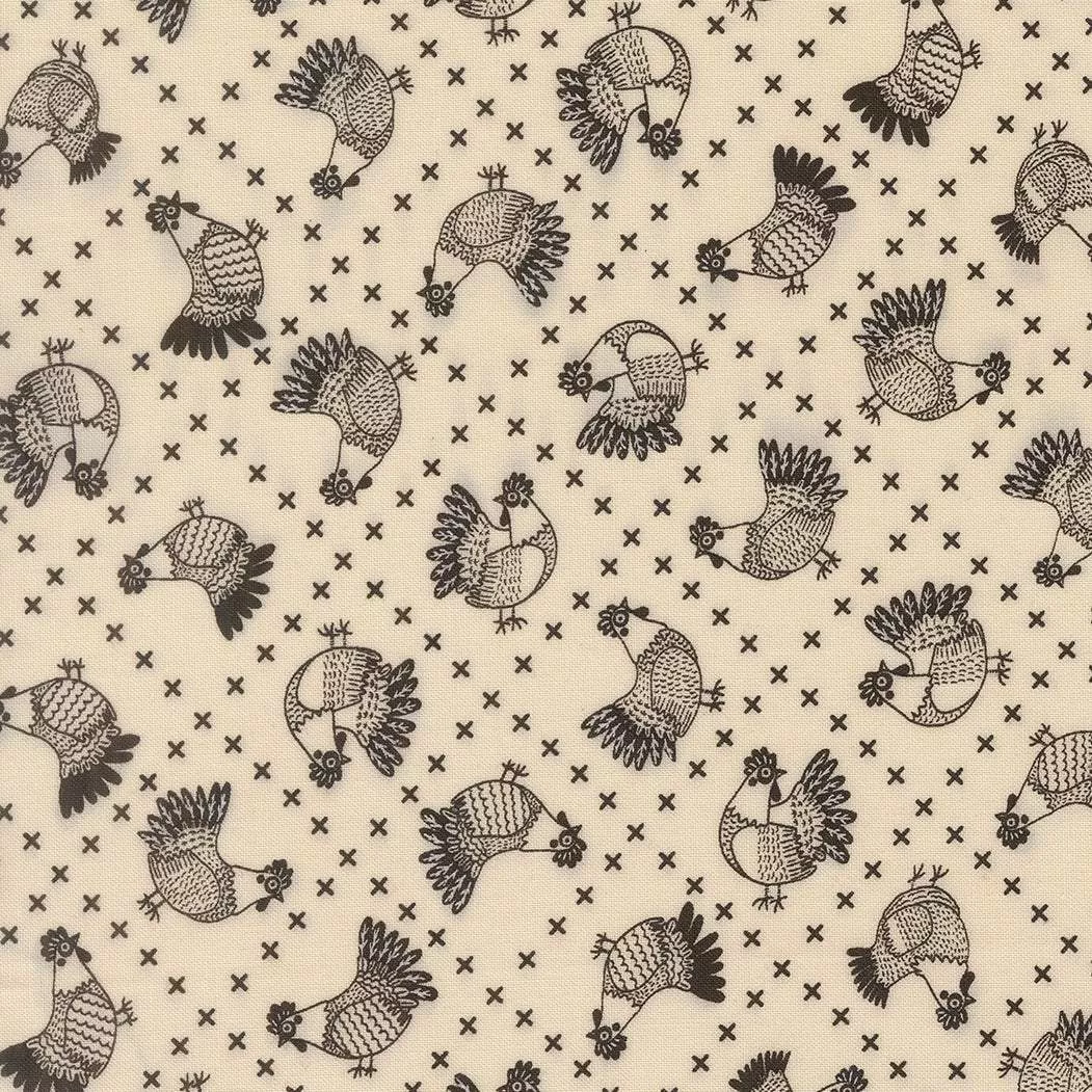 The Henhouse Crossed Stitch Chickens Cloud Iron 48434 30 by Gingiber for Moda Fabrics. Sold in 1/2 Yard Increments