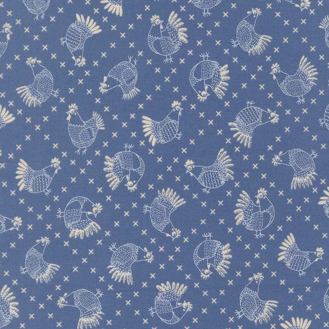 The Henhouse Crossed Stitch Chickens Cobalt 48434 19 by Gingiber for Moda Fabrics. Sold in 1/2 Yard Increments