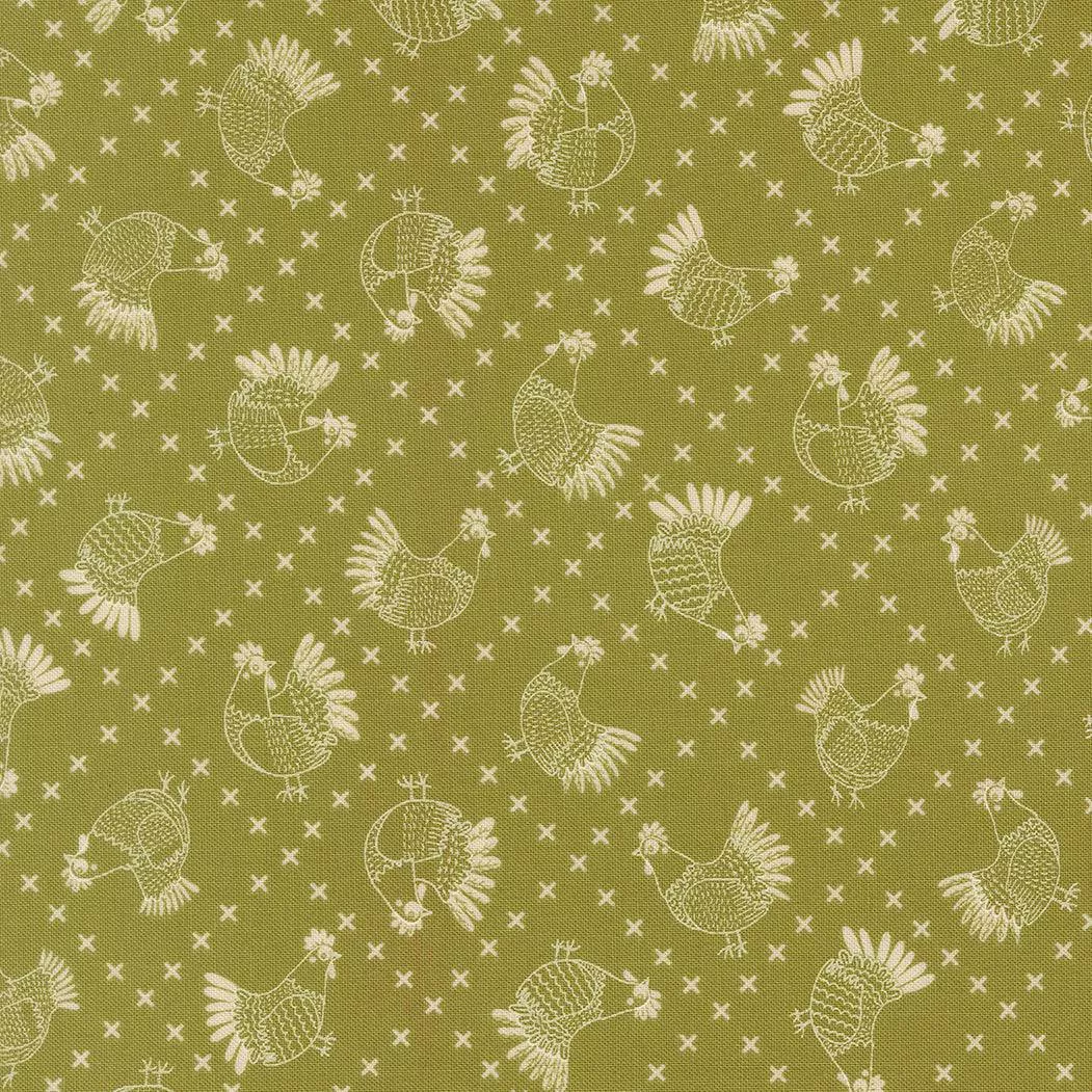 The Henhouse Crossed Stitch Chickens Grass 48434 15 by Gingiber for Moda Fabrics. Sold in 1/2 Yard Increments