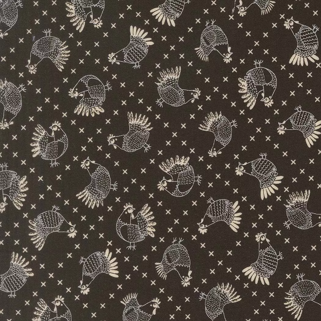 The Henhouse Crossed Stitch Chickens Iron 48434 20 by Gingiber for Moda Fabrics. Sold in 1/2 Yard Increments