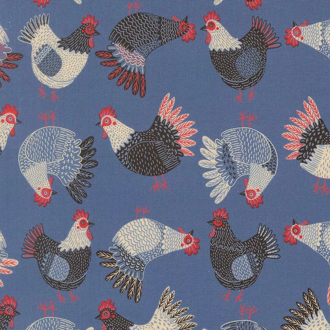 The Henhouse Tossed Chickens Cobalt 48433 19 by Gingiber for Moda Fabrics. Sold in 1/2 Yard Increments