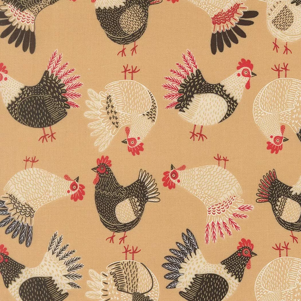 The Henhouse Tossed Chickens Hay 48433 13 by Gingiber for Moda Fabrics. Sold in 1/2 Yard Increments