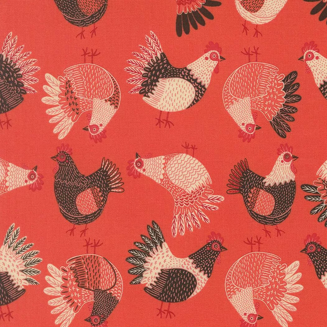 The Henhouse Tossed Chickens Tomato 48433 17 by Gingiber for Moda Fabrics. Sold in 1/2 Yard Increments