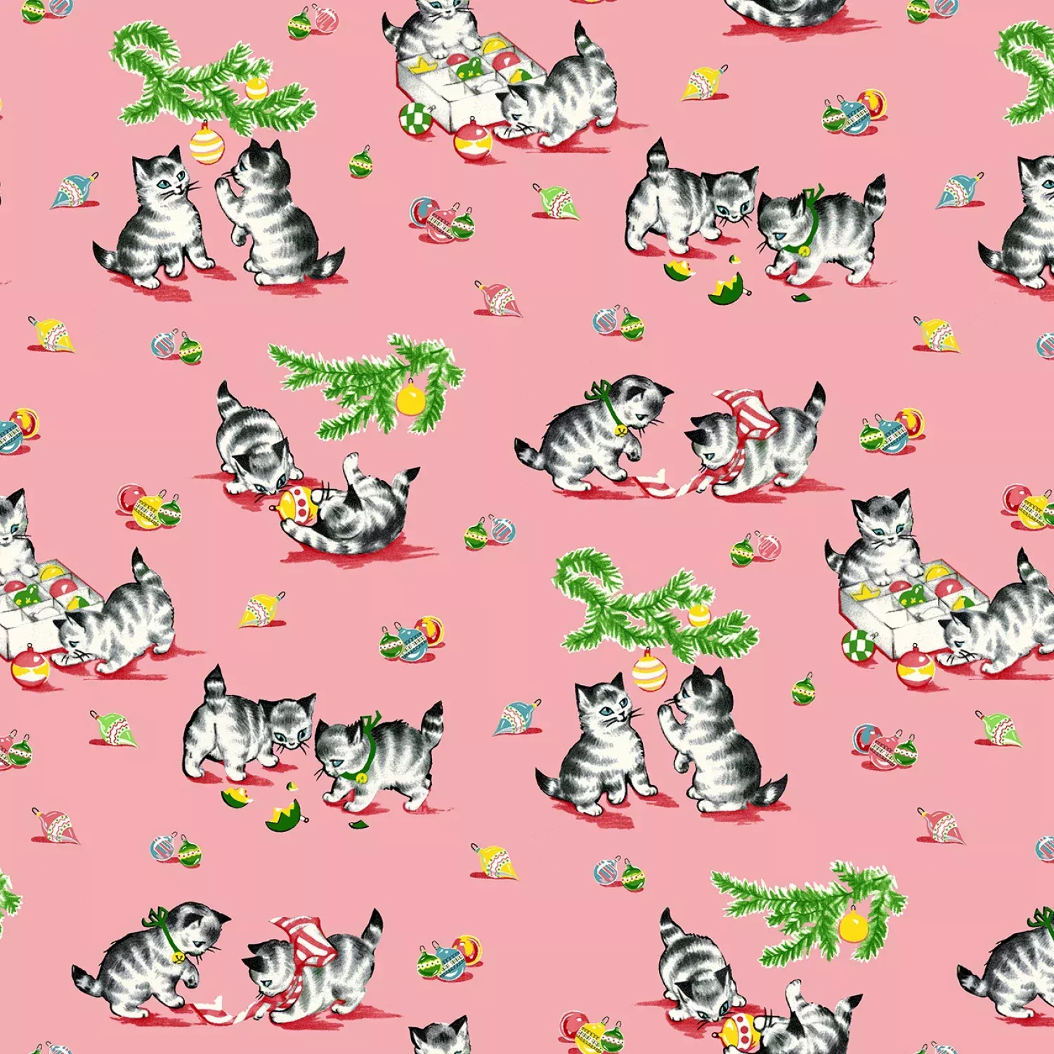 A Kitty for Christmas | Pink Kitties & Garland by Hannah West for Henry Glass | 1984-22