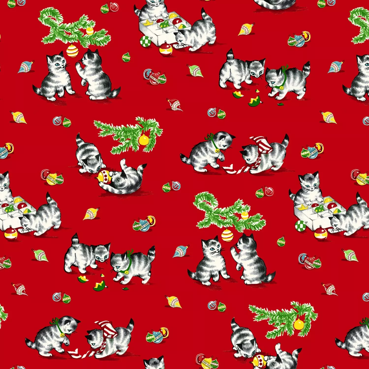 A Kitty for Christmas | Red Kitties & Garland by Hannah West for Henry Glass | 1984-88