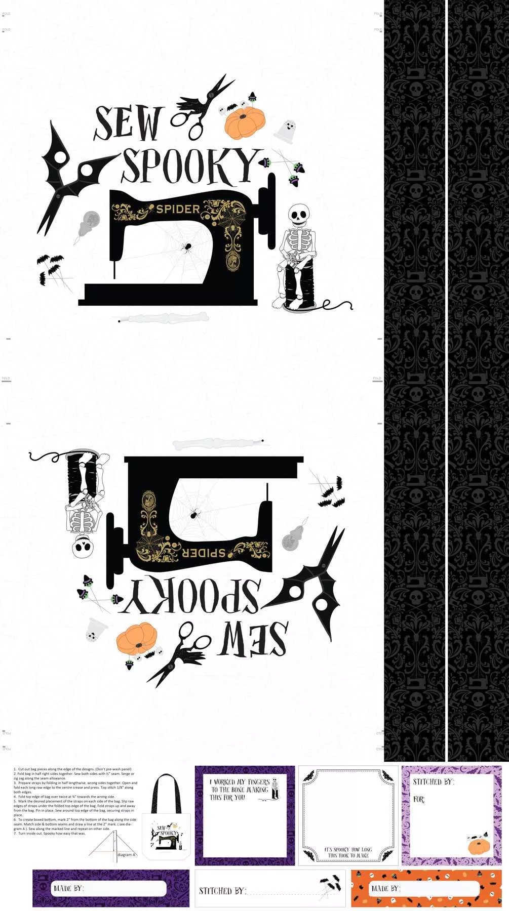Mr. Bones Sews Canvas Project Panel by Kimberlee Peers-Moore for Figo Fabrics - Spooky Tote White C91081-10 (23" x 42")