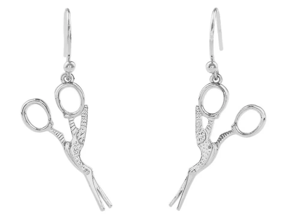 Stork Scissor Earrings Silver Tone