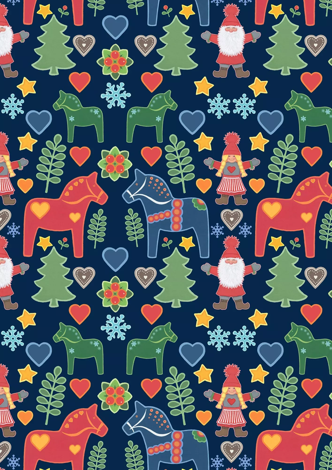 Tomten's Folklore Christmas | Tomtens and Christmas Horses on Dark Blue by Eva Melhuish for Lewis & Irene | CE47