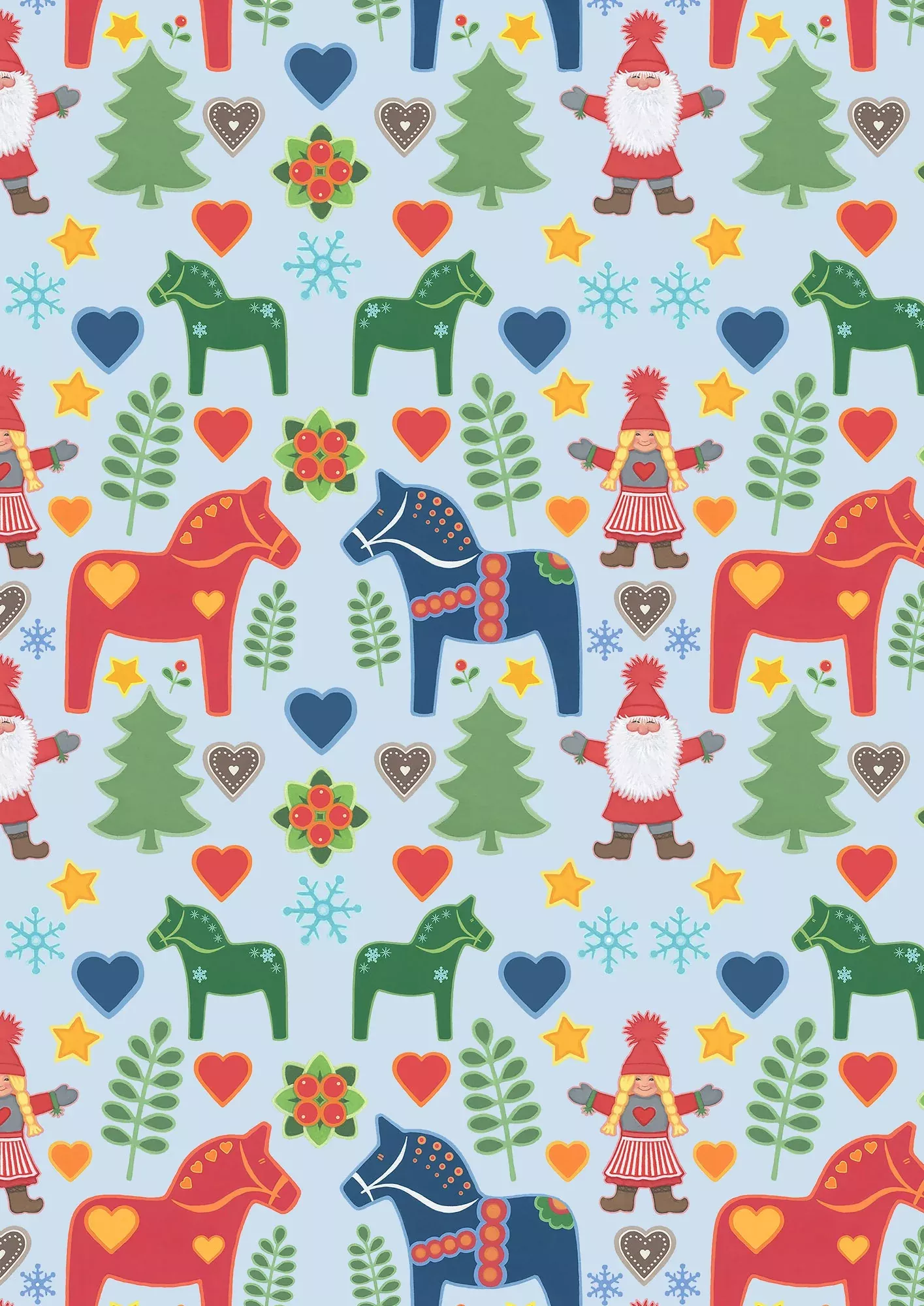 Tomten's Folklore Christmas | Tomtens and Christmas Horses on Light Blue by Eva Melhuish for Lewis & Irene | CE48