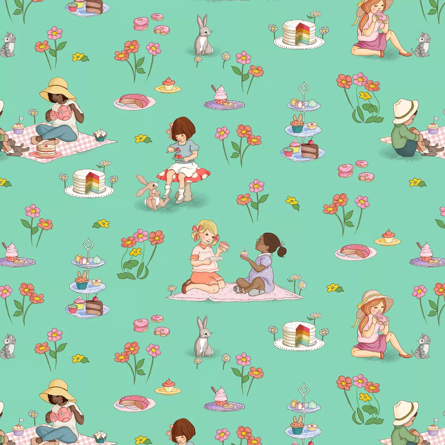 Yummy Scrummy Day - Green Tea Party Scenic by Belle & Boo for Michael Miller